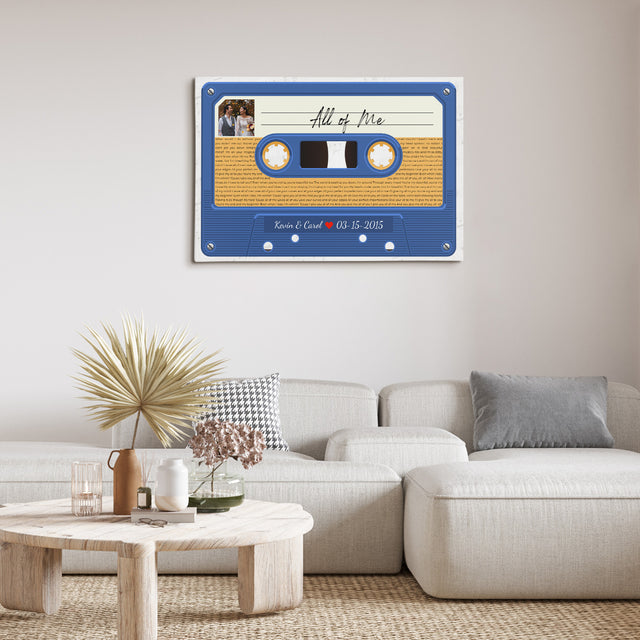 Custom Song Lyrics, Customizable Text And Upload Photo, Blue Cassette Tape Canvas Wall Art