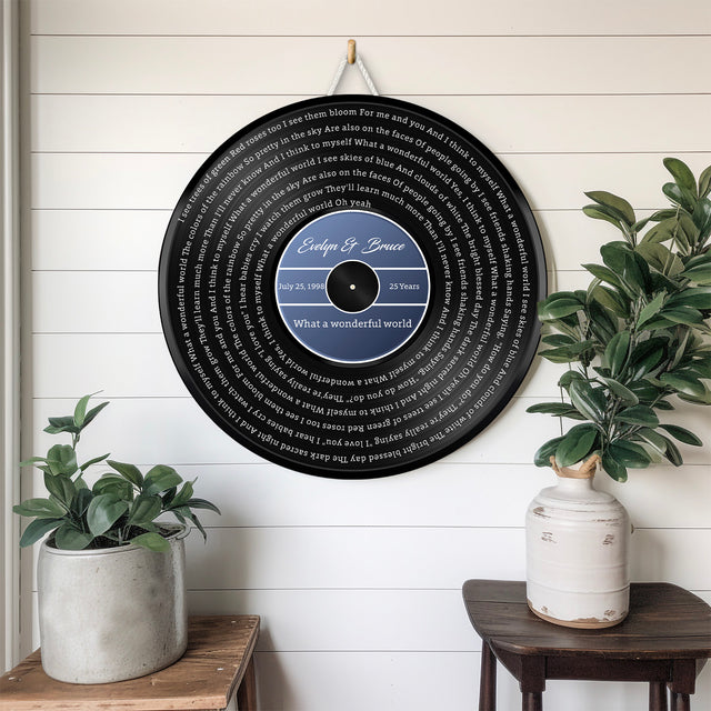 Custom Song Lyrics, Blue Vinyl Record, Customizable Song Name And Text Round Wood Sign