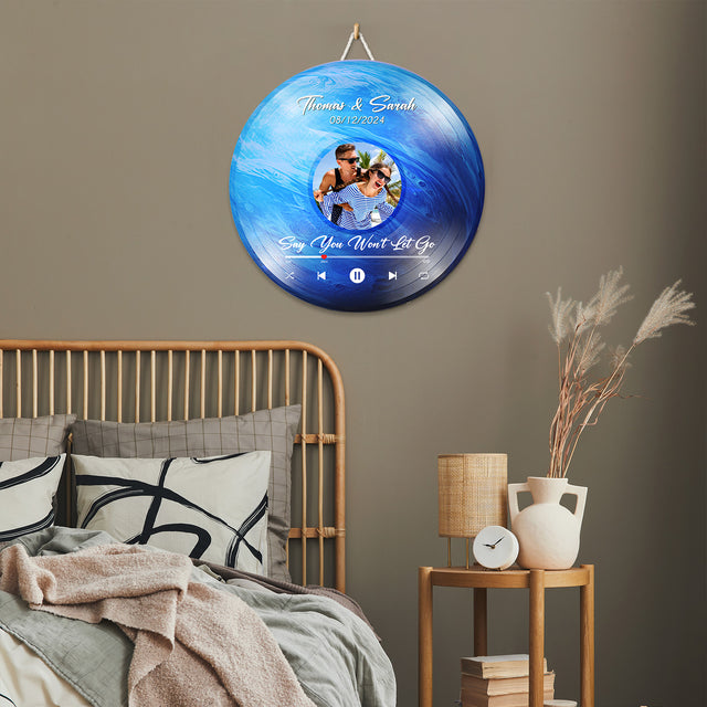 Custom Favorite Song Photo Round Wood Sign Neptune Planet Background