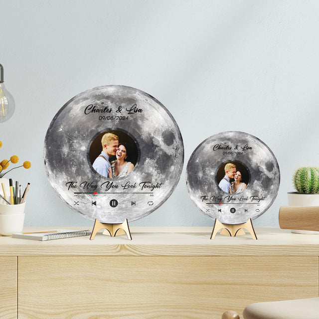 Custom Favorite Song Photo Round Wood Sign Moon Planet Background