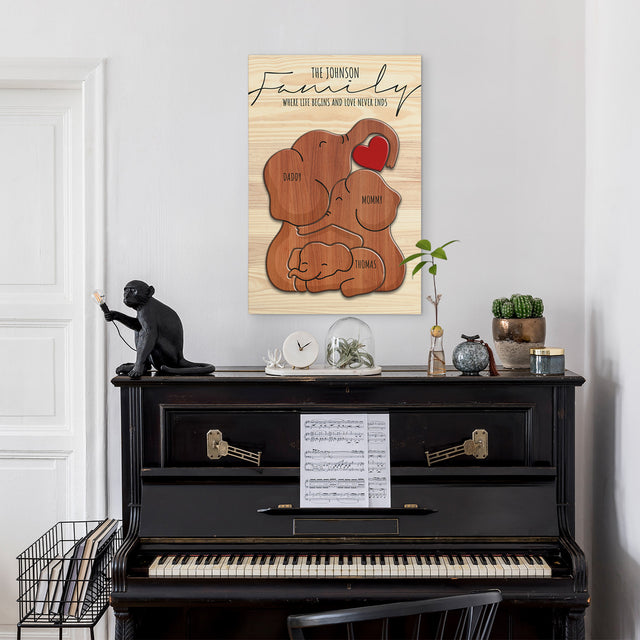 Wooden Elephant Family Puzzle on Canvas, Custom Family Name