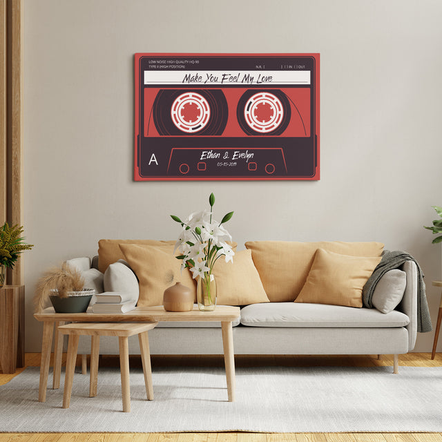 Custom Song Name, Customizable Name And Date, Red Cassette Tape Canvas Wall Art