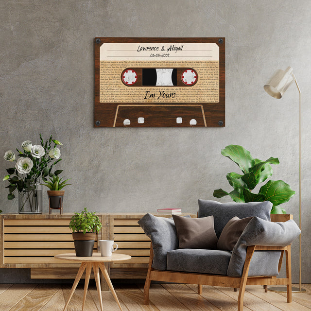 Custom Song Lyrics, Customizable Name, Date, Song Name, Wood Cassette Tape Canvas Wall Art