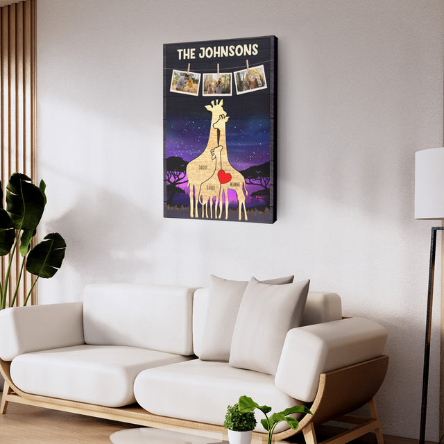 Personalized Giraffe Galaxy Canvas, Giraffe Family Puzzle Style, Custom Family Name