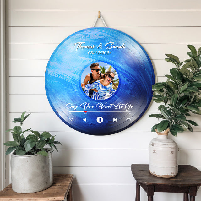 Custom Favorite Song Photo Round Wood Sign Neptune Planet Background