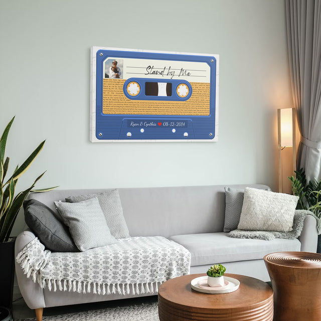 Custom Song Lyrics, Customizable Text And Upload Photo, Blue Cassette Tape Canvas Wall Art
