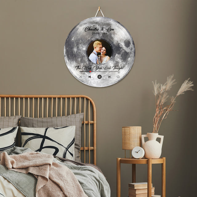 Custom Favorite Song Photo Round Wood Sign Moon Planet Background