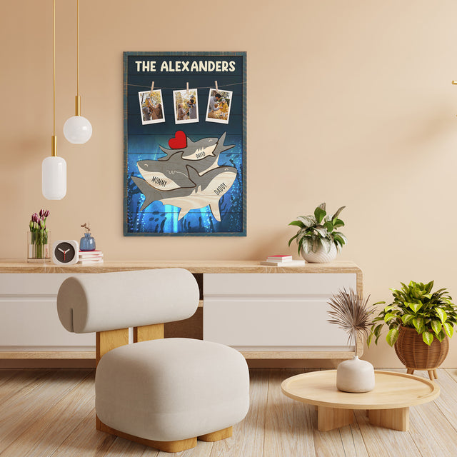 Personalized Shark Galaxy Canvas, Shark Family Puzzle Style, Custom Family Name