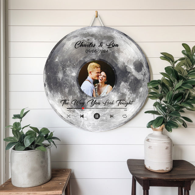 Custom Favorite Song Photo Round Wood Sign Moon Planet Background