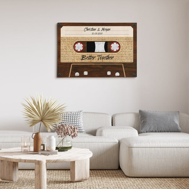 Custom Song Lyrics, Customizable Name, Date, Song Name, Wood Cassette Tape Canvas Wall Art
