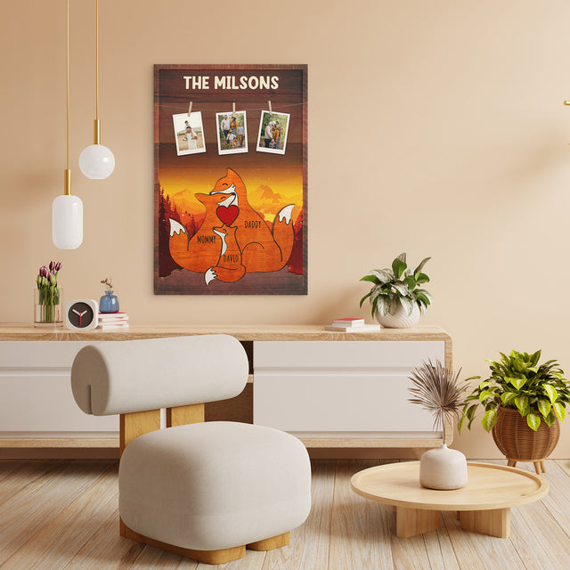 Personalized Fox Galaxy Canvas, Fox Family Puzzle Style, Custom Family Name