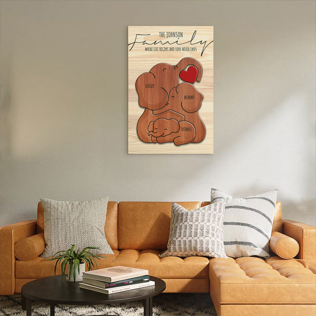 Wooden Elephant Family Puzzle on Canvas, Custom Family Name