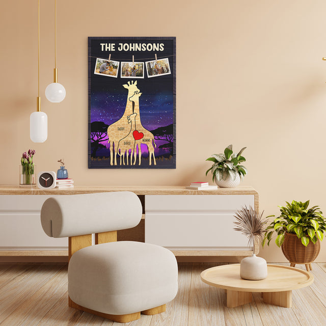 Personalized Giraffe Galaxy Canvas, Giraffe Family Puzzle Style, Custom Family Name