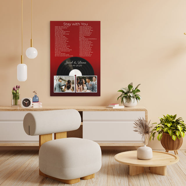 Personalized 2-Photo Song Lyrics Vintage Maroon Canvas Print