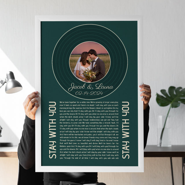 Forest Green Circular Photo Framed Art Print, Custom Song Lyrics Name Date