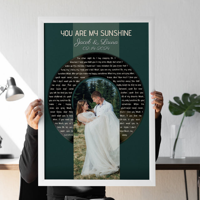 Photo Song Lyrics Vintage Green Framed Art Print, Custom Song Lyrics Name Date