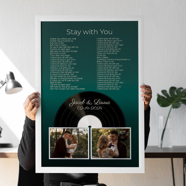 Personalized Photo Song Lyrics & Name, Retro Green Vinyl Record Framed Art Print
