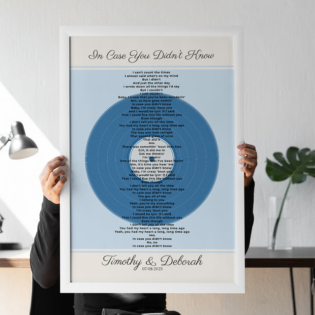 Personalized Frame Song Lyrics With Date, Ice Blue Vinyl Record Framed Art Print