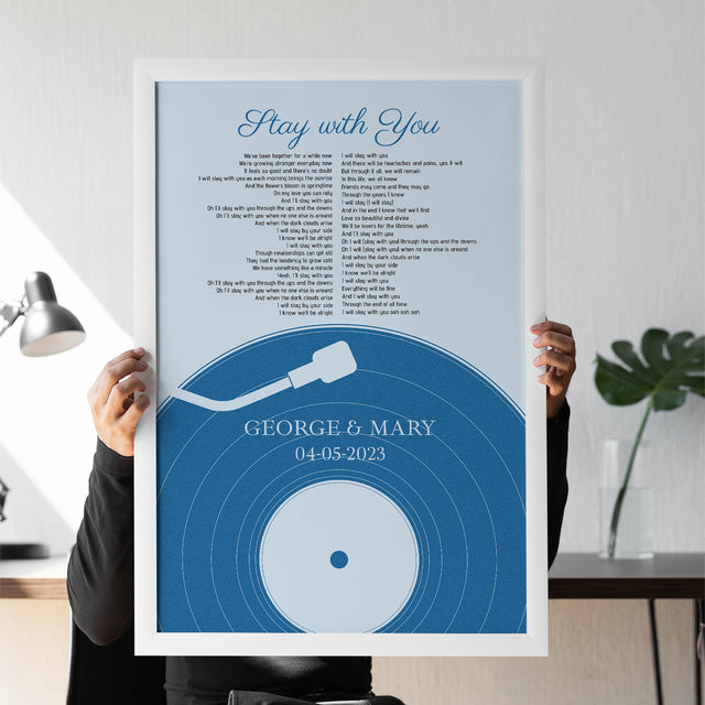 Personalized Frame With Song Lyrics, Pastel Blue Vinyl Record Framed Art Print