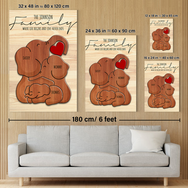 Wooden Elephant Family Puzzle on Canvas, Custom Family Name