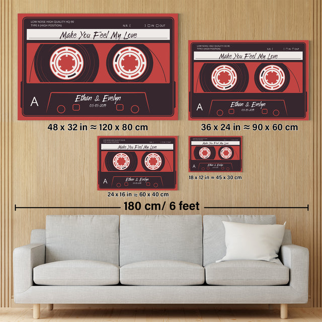 Custom Song Name, Customizable Name And Date, Red Cassette Tape Canvas Wall Art