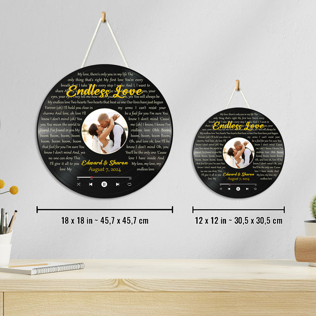 Personalized Wedding Song Lyrics and Photo Vinyl Record Round Wood Sign