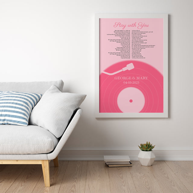 Pastel Pink Vinyl Record Framed Art Print, Customize Song Lyrics & Name