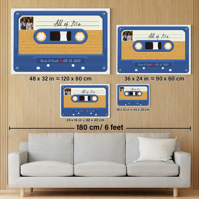 Custom Song Lyrics, Customizable Text And Upload Photo, Blue Cassette Tape Canvas Wall Art