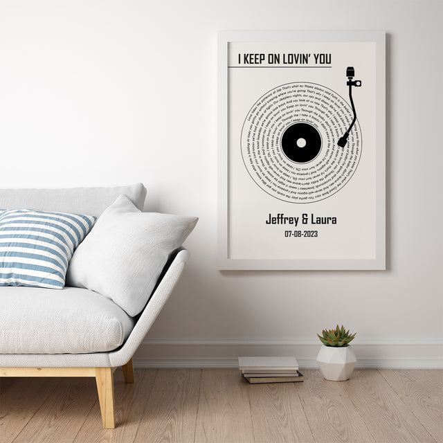 White Vinyl Record Framed Art Print, Custom Name & Song Lyrics