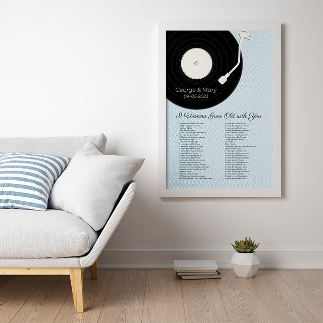 Custom Song Lyrics On Wall Art, Ice Blue Vinyl Record Pastel Framed Art Print