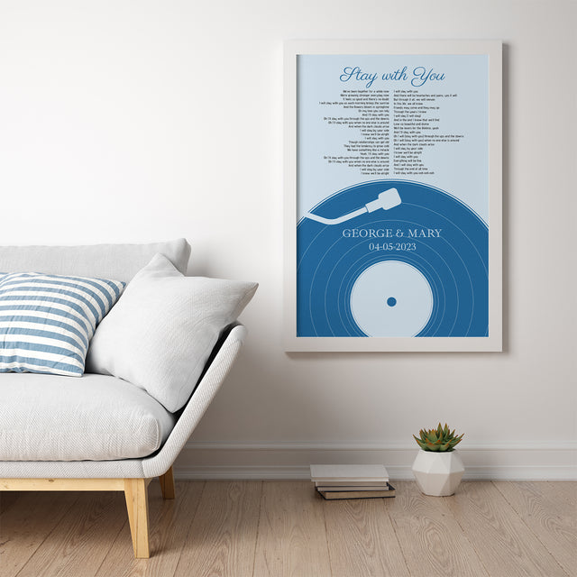 Personalized Frame With Song Lyrics, Pastel Blue Vinyl Record Framed Art Print