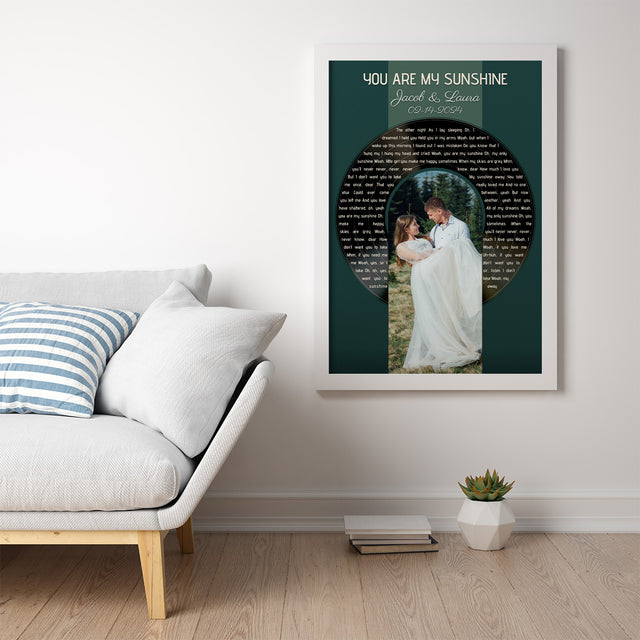 Photo Song Lyrics Vintage Green Framed Art Print, Custom Song Lyrics Name Date