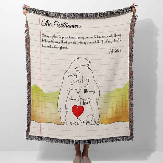 One Line Art Polar Bear Family Puzzle Blanket, Custom Family Name & Date