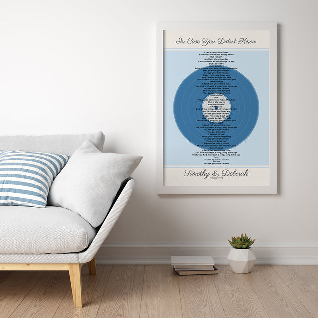 Personalized Frame Song Lyrics With Date, Ice Blue Vinyl Record Framed Art Print