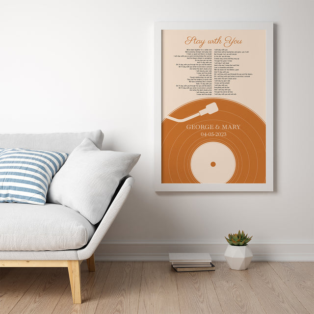 Pastel Sand Vinyl Record Framed Art Print, Custom Song Lyrics & Photo