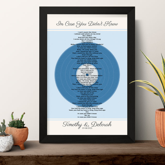 Personalized Frame Song Lyrics With Date, Ice Blue Vinyl Record Framed Art Print