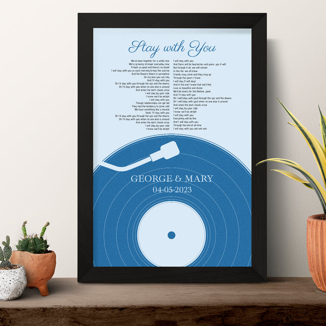 Personalized Frame With Song Lyrics, Pastel Blue Vinyl Record Framed Art Print