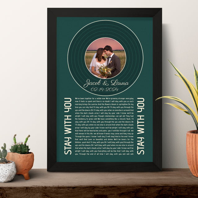 Forest Green Circular Photo Framed Art Print, Custom Song Lyrics Name Date
