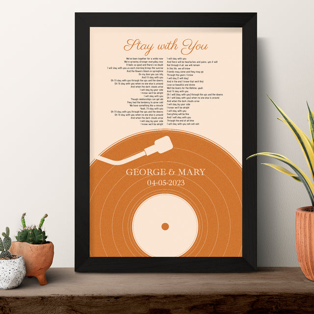 Pastel Sand Vinyl Record Framed Art Print, Custom Song Lyrics & Photo