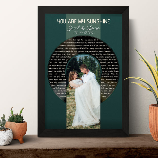 Photo Song Lyrics Vintage Green Framed Art Print, Custom Song Lyrics Name Date