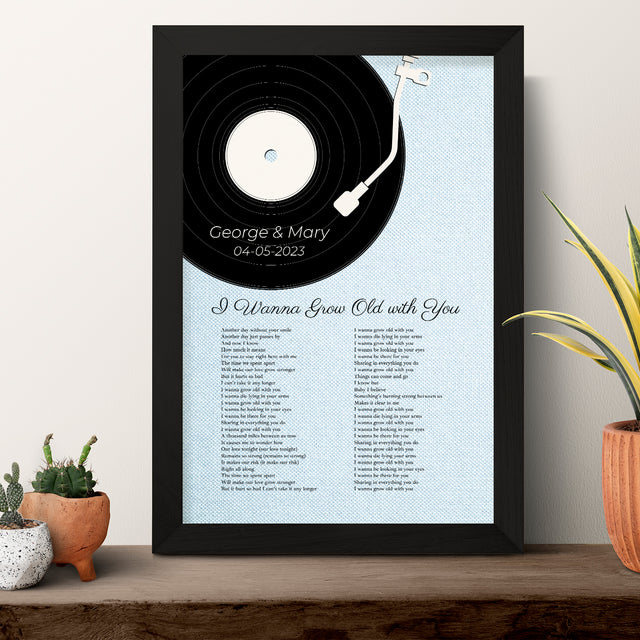 Custom Song Lyrics On Wall Art, Ice Blue Vinyl Record Pastel Framed Art Print