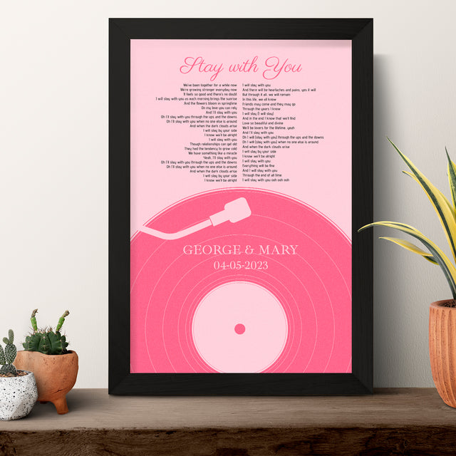 Pastel Pink Vinyl Record Framed Art Print, Customize Song Lyrics & Name