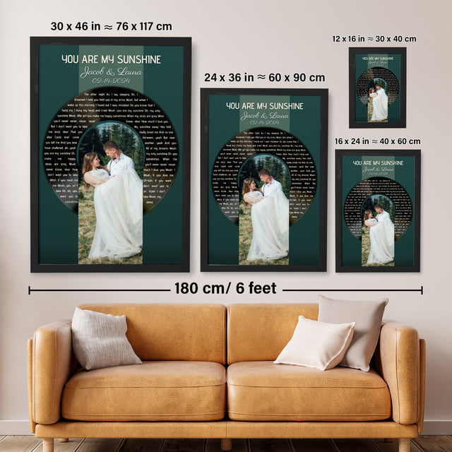 Photo Song Lyrics Vintage Green Framed Art Print, Custom Song Lyrics Name Date