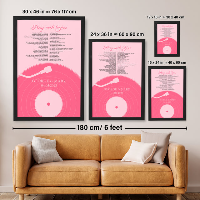 Pastel Pink Vinyl Record Framed Art Print, Customize Song Lyrics & Name