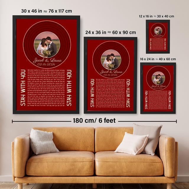 Retro Maroon Framed Art Print, Custom Song Lyrics Name Date