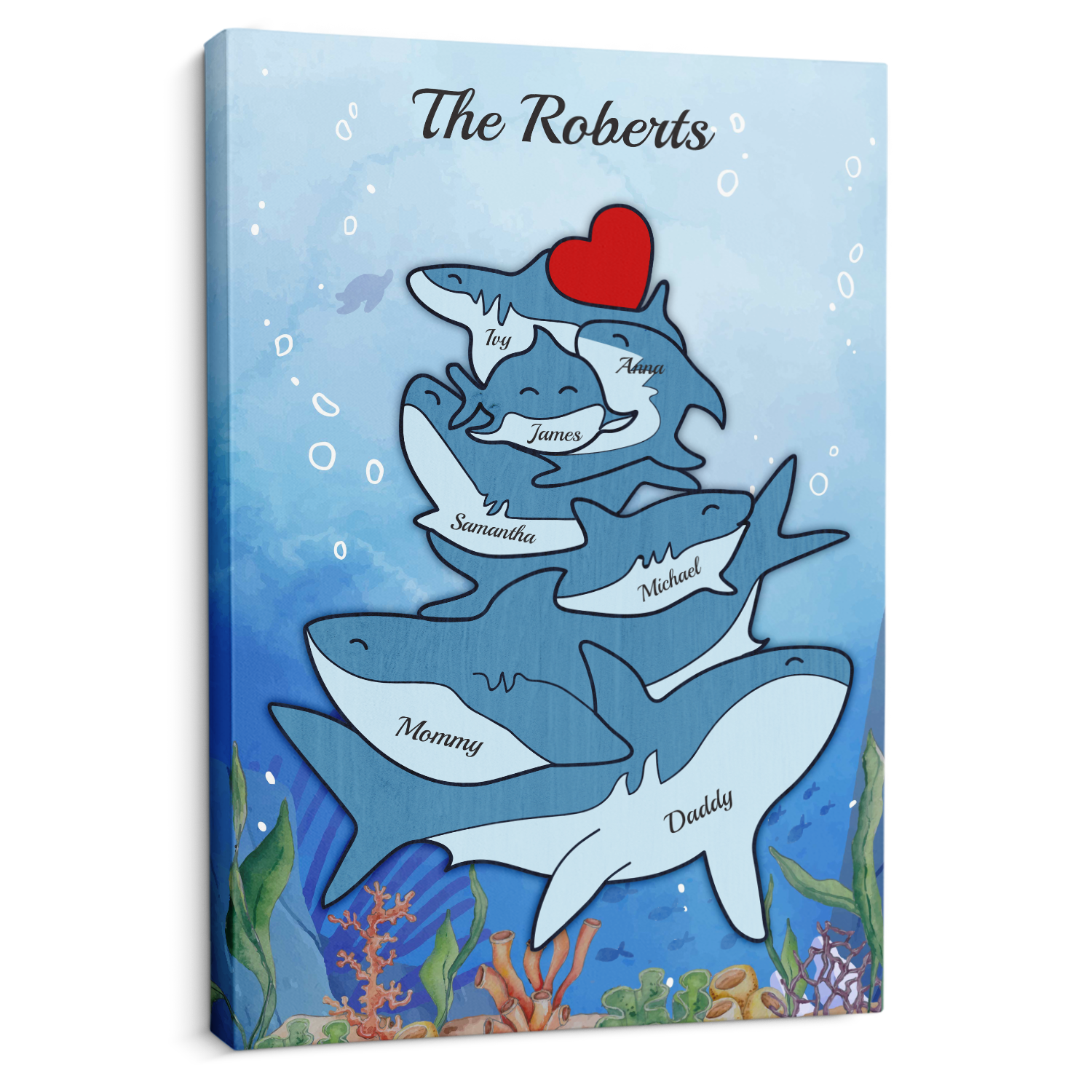 Shark Family Watercolor Canvas, Custom Family Name