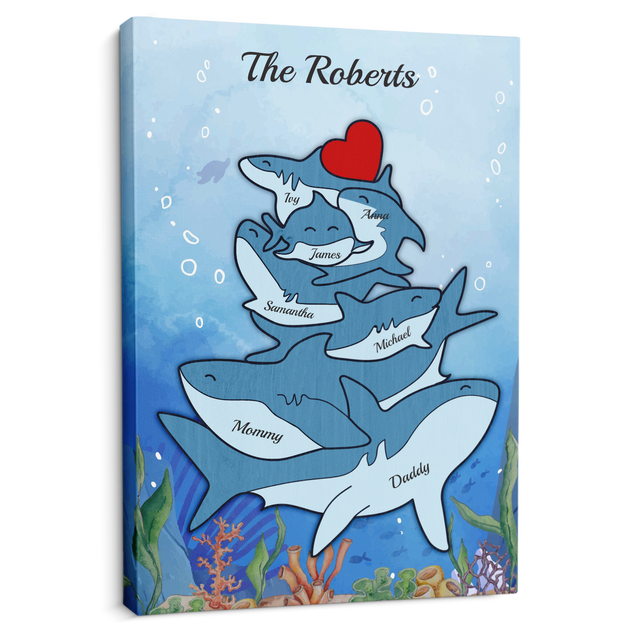 Shark Family Watercolor Canvas, Custom Family Name