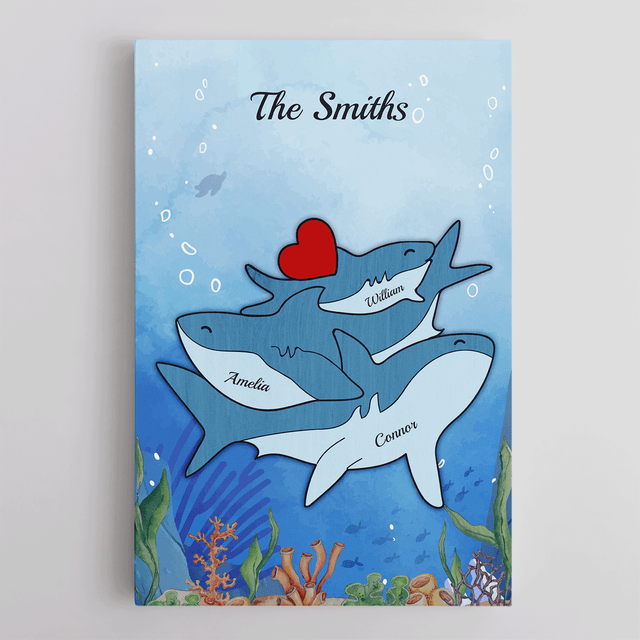 Shark Family Watercolor Canvas, Custom Family Name