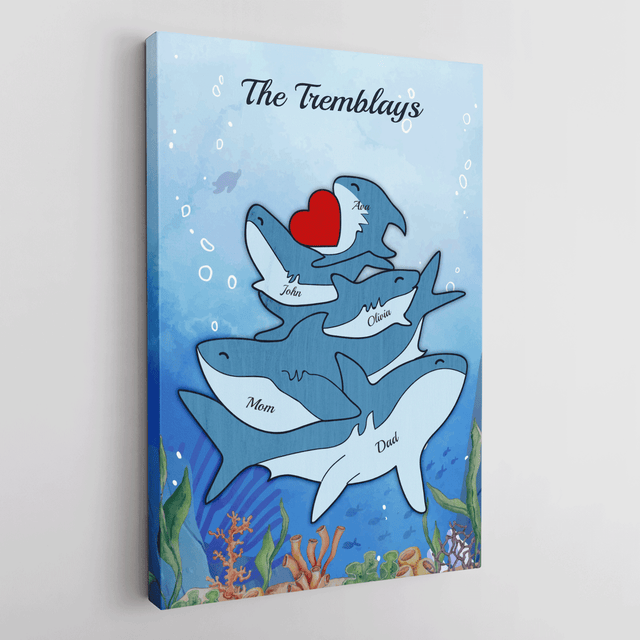Shark Family Watercolor Canvas, Custom Family Name
