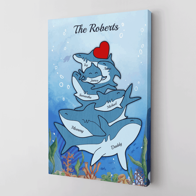 Shark Family Watercolor Canvas, Custom Family Name